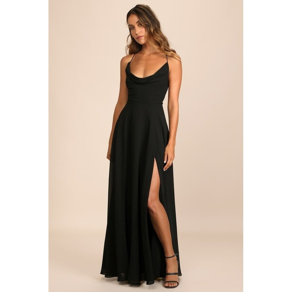 Lulus Romantically Speaking Black Cowl Lace-Up Maxi Dress Wome's Size Small